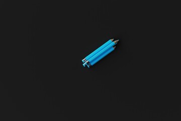 Three blue pencils on a dark background. Concept of school, back to school. 3d render.