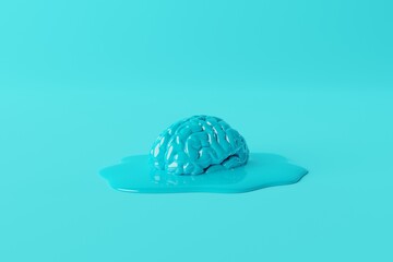 Dissolving blue brain on blue pastel. Biological and medical concept. 3d rendering, 3d illustration.