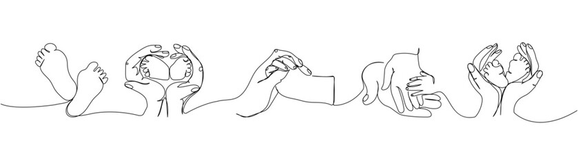 Obraz premium Set of hands of parents with children, baby feet, palms one line art. Continuous line drawing of motherhood, family, love, child, mother s day, handshake, tenderness.