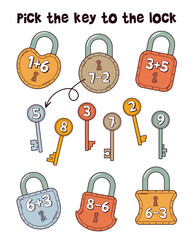 Pick the key to the lock. Educational math game for children. Cartoon vector illustration. Isolated on white background - obrazy, fototapety, plakaty