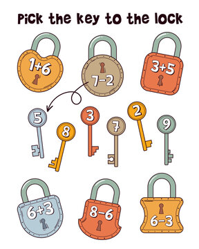Pick the key to the lock. Educational math game for children. Cartoon vector illustration. Isolated on white background
