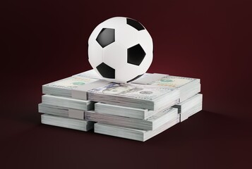 Ball on a pile of banknotes. The concept of corruption and buying football matches. Problems in sports, buying matches, 3D render, 3D illustration.