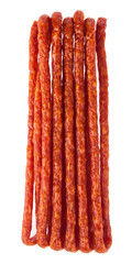 Smoked sausage isolated on white background.