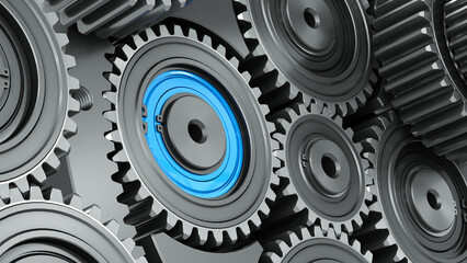 Dark mechanical background with many gears. Emphasis on the blue special detail close-up. 3d render