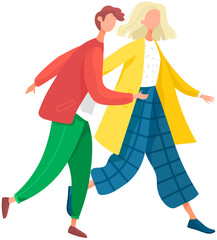 Friends walking together flat vector illustration. Friendship concept. Group of people spending time, meeting. Girls and guy at city street cartoon characters. Students, tourists going and talking