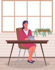 Woman communicate, workplace with computer. Remote work, freelance, house office, programming, training concept. Lady sitting with laptop and surfing Internet. Female freelancer works from home