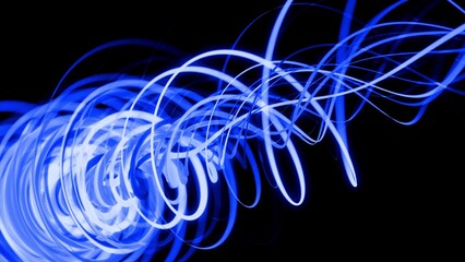 3d render. Motion design bg of flow lines form helix and abstract structures. Blue lines swirling in spiral. 3d render stylish creative abstract background. Isolated on black