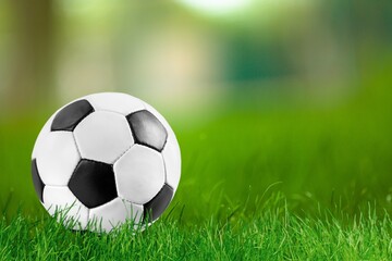 Fototapeta premium Official football ball on green stadium grass