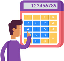 Man uses calculator analyzes income and expenses, budget and savings. Accountant calculating finance, counting, pressing buttons with finger. Economy, accounting concept. Mathematics, money management