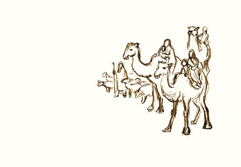 Pencil drawing scene. Camel settlers - obrazy, fototapety, plakaty