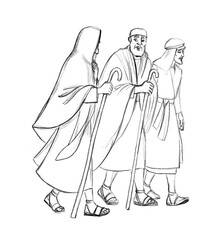 Fototapeta na wymiar Pencil drawing. Jesus talks to the disciples as he walks the road