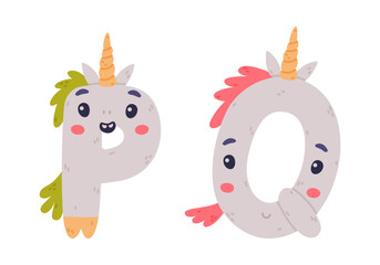 Unicorn Cute Alphabet Letter P and Q with Smiling Face and Twisted Horn Vector Set