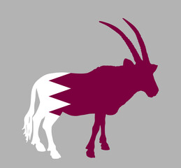 Qatar vector flag over Oryx gazelle national animal symbol silhouette illustration isolated on background. Middle east state flag emblem. Arab country in Asia. Gemsbok antelope patriotic banner.