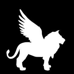 Winged lion vector silhouette illustration isolated on black background. Animal king beast with wings symbol. Mythology creature. Power and strength danger hunter. Success and rich symbol. Strong wild