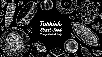 Turkish food top view vector illustration. Food menu design template. Hand drawn sketch. Turkish food menu. Vintage style. Cag kebab, balik ekmek, lahmacun, doner kebab, pide, simit, lokma.