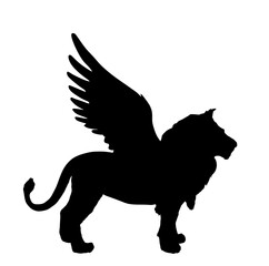 Winged lion vector silhouette illustration isolated on white background. Animal king beast with wings symbol. Mythology creature. Power and strength danger hunter. Success and rich symbol. Strong wild