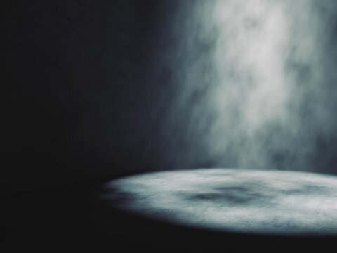Suelo de hormig&oacute;n y iluminacion de focos. Escena interior con humo y niebla. Fondo de suelo de cemento en cuarto oscuro.