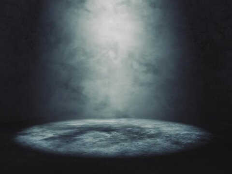 Suelo de hormig&oacute;n y iluminacion de focos. Escena interior con humo y niebla. Fondo de suelo de cemento en cuarto oscuro.