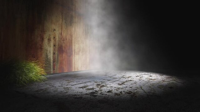 Suelo de hormig&oacute;n y iluminacion de focos. Escena interior con humo y niebla. Fondo de suelo de cemento en cuarto oscuro.