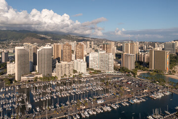 Aerial View of Ala Wai Boat Harbor and Honolulu, Hawaii, USA Skyline.