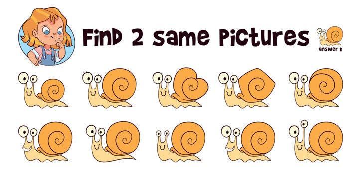 Snail. Find two same objects. Educational game for children. Cartoon vector illustration. Isolated on white background
