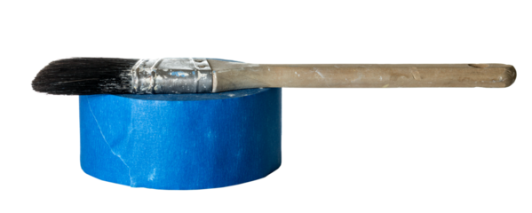 Blue masking tape and brush isolated against white
