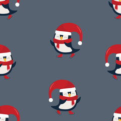 Seamless pattern - pinguins on skates on gray background. FLat winter pattern