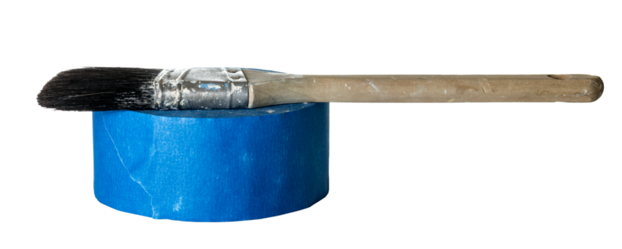 Blue masking tape and brush isolated against white