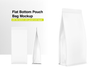 Flat bottom pouch with zipper. Realistic mockup. Vector illustration. Front, side and half side view. Perfect for the presentation your product. EPS10.