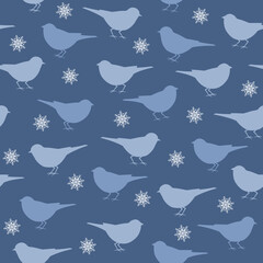 Seamless pattern with bird silhouettes and snowflakes.