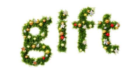 Beautiful christmas wreath in the shape of text GIFT with shiny stars and colorful orbs on transparent background (RGBA 3D Rendering PNG)	