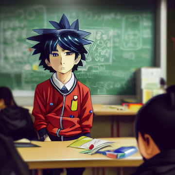 Portrait of a boy at school. Anime-style drawing. The boy looks into the camera. at school.