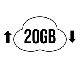 20GB capacity for download and upload. Vector for cloud file transfers on white background
