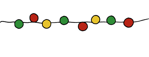 Long garland of multi colored round light bulbs. Vector illustration of a festive decor, hand-drawn in the style of doodles.