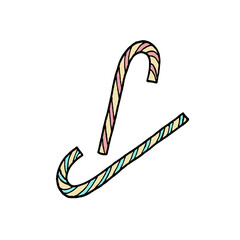 Two caramel candy canes in pastel colors, hand-drawn in the style of doodles. Vector EPS 10.