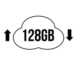 128GB capacity for download and upload. Vector for cloud file transfers on white background