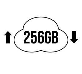 256GB capacity for download and upload. Vector for cloud file transfers on white background