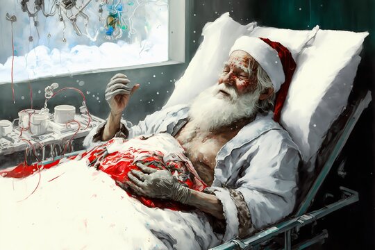 Severely ill Santa Claus probably from Covid-22 or other fictitious disease. lying on a hospital bed in the intensive care unit with big smile and hope. No Santa this year. Generative AI illustration
