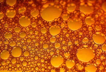 Close-up of many bubbles in water with orange, golden color background. Art, abstract.