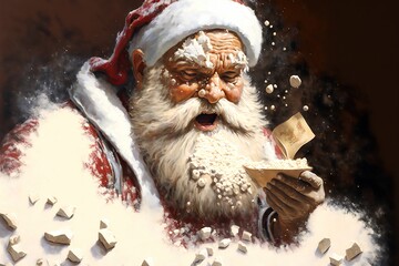 Santa snorts a ton of cocaine to get a head start on the upcoming Christmas.Illegal doping.Poor mental condition. Addiction to powdered sugar. Being overweight.Generative AI illustration - obrazy, fototapety, plakaty
