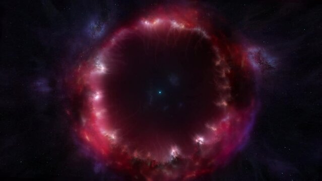 Artistic impression of a white dwarf star in a circular red cloud nebula. Concept science and fiction 3D animation depicting interstellar gas clouds and a supernova explosion frozen in space and time.