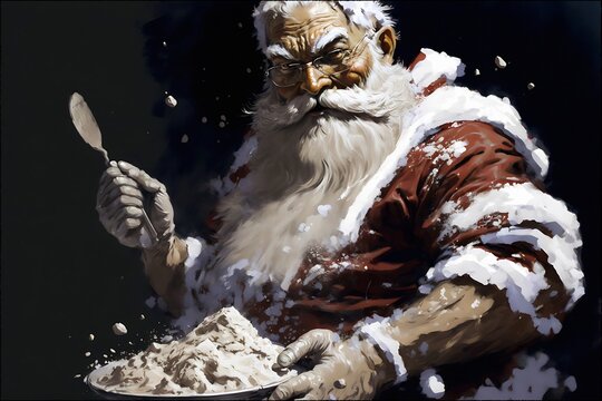 Santa Claus portions cocaine conjured from his snow-white beard. Santa Claus Change of industry and profession.Santa Claus as a drug baron.Breaking bad. Generative AI illustration
