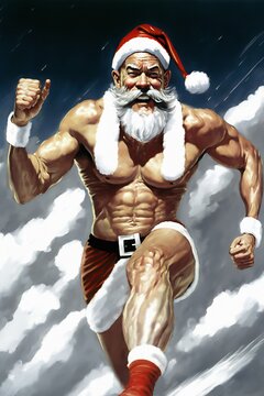 Santa Claus exercises long-distance running before the holiday season to improve his form. Santa's athletic physique and muscular body. Santa sprinetr. Christmas eve 2022 Generative AI illustrations