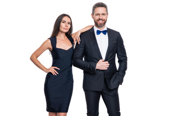 formal tuxedo couple isolated on white background. couple in formal tuxedo. studio shot