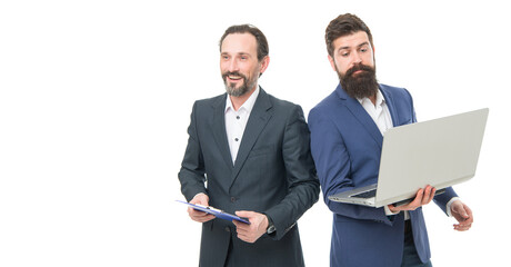 Modern technologies. Man bearded manager show financial report laptop. Partnership. Business...