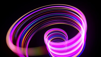 Motion graphics, sci-fi bg. Stream of multicolor neon lines form spiral shape, curls and pattern. Abstract background with light trails, Modern trendy motion design bg. Light flow bg. 3d render