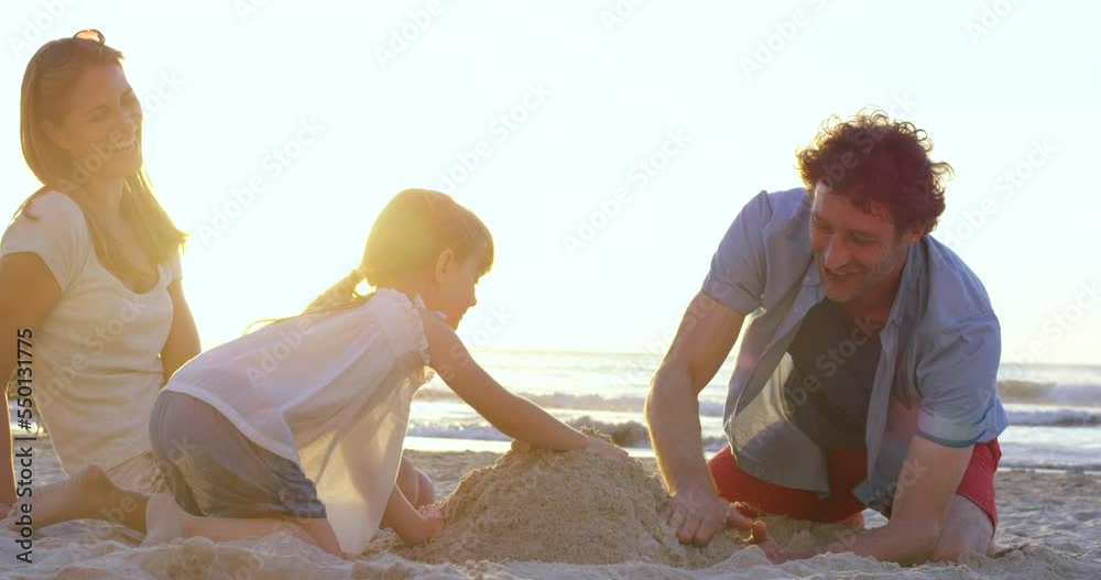 Poster family, beach and sand, castle and relax in summer, fun and learning, playing and bond at sunset. ha