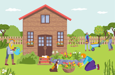 Group of people together garden maintenance, character farmer care plants field, concept country house flat vector illustration.