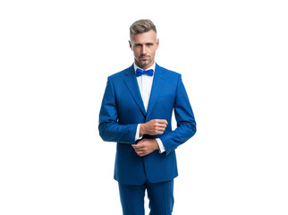 charismatic elegant man waiter with bow tie isolated on white background