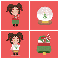 Conjunto de ilustraciones dibujadas a mano de personaje y decoraciones navideñas 1.	